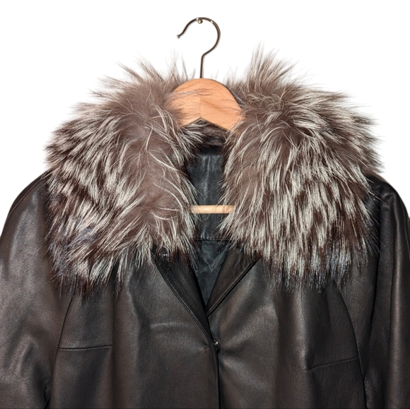 Lamb Fox Fur Collar Genuine Leather Brown Button Front Tunic Jacket Coat Small - Picture 3 of 12